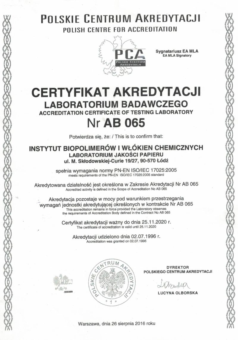 Certyfikat Akredytacji AB 065